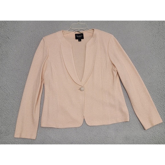 St John Couture Skirt Suit Womens 16 Pink Lurex Knit Jacket Rhinestone Button - Picture 2 of 16